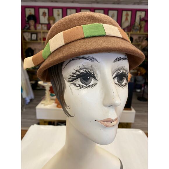 vintage 1950s hat, brown and green striped, mrs maisel millinery, Eva Mae modes - Picture 2 of 7